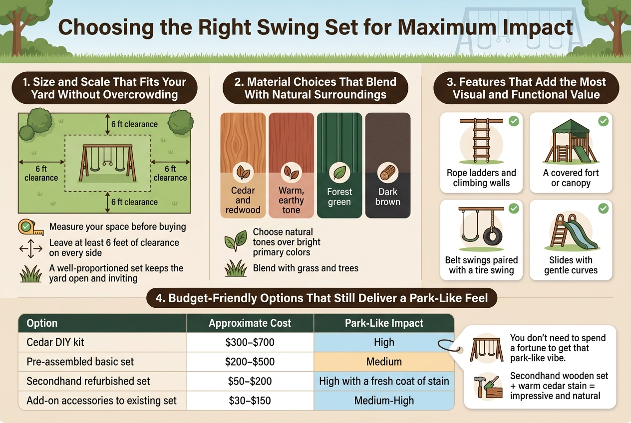 Create a full-bleed 3:2 infographic illustration with a clean professional outdoor-family style. Use a warm natural color palette: cedar brown, forest green, beige, dark charcoal, and soft sky blue. Use modern sans-serif fonts with a bold headline and clear section headers. Organize the layout in wide horizontal sections and multi-column blocks, not a narrow vertical stack.TOP HEADER:Large bold title centered across the top: "Choosing the Right Swing Set for Maximum Impact"Add a subtle background illustration of a backyard with grass, trees, and a swing set silhouette fading behind the header.SECTION 1 — LEFT TOP:Heading in a bold rounded label: "1. Size and Scale That Fits Your Yard Without Overcrowding"Show a simple top-down yard diagram with a swing set placed in the center and a dotted clearance boundary on all sides. Add measurement arrows around the set labeled "6 ft clearance" on each side. Include a small icon of a tape measure and a checkmark. Add short text below:"Measure your space before buying""Leave at least 6 feet of clearance on every side""A well-proportioned set keeps the yard open and inviting"SECTION 2 — CENTER TOP:Heading: "2. Material Choices That Blend With Natural Surroundings"Display side-by-side material swatches or mini panels:- A cedar wood panel with warm earthy grain labeled "Cedar and redwood"- A redwood panel labeled "Warm, earthy tone"- A dark green metal panel labeled "Forest green"- A dark brown composite panel labeled "Dark brown"Include small icons of leaves and wood grain. Add short text:"Choose natural tones over bright primary colors""Blend with grass and trees"SECTION 3 — RIGHT TOP:Heading: "3. Features That Add the Most Visual and Functional Value"Arrange four icon cards in a 2x2 grid with small illustrated swing set feature drawings:- Rope ladder icon with text: "Rope ladders and climbing walls"- Covered fort/canopy icon with text: "A covered fort or canopy"- Belt swing and tire swing icon with text: "Belt swings paired with a tire swing"- Curved slide icon with text: "Slides with gentle curves"Use small green check icons on each card. Keep the cards balanced and airy.BOTTOM SECTION — FULL WIDTH:Heading: "4. Budget-Friendly Options That Still Deliver a Park-Like Feel"Create a clean comparison table with four rows and three columns labeled exactly:"Option" | "Approximate Cost" | "Park-Like Impact"Row 1: "Cedar DIY kit" | "$300–$700" | "High"Row 2: "Pre-assembled basic set" | "$200–$500" | "Medium"Row 3: "Secondhand refurbished set" | "$50–$200" | "High with a fresh coat of stain"Row 4: "Add-on accessories to existing set" | "$30–$150" | "Medium-High"Add a small tag or callout beside the table with a wooden swing set icon and the text:"You don't need to spend a fortune to get that park-like vibe.""Secondhand wooden set + warm cedar stain = impressive and natural"VISUAL STYLE:Use crisp vector-style infographic graphics, soft shadows, subtle texture, and clear spacing. Include small decorative icons of trees, grass, tools, and swing parts. Ensure all text is legible, evenly aligned, and placed in distinct blocks with strong hierarchy. No borders, no poster frame, no narrow centered column.