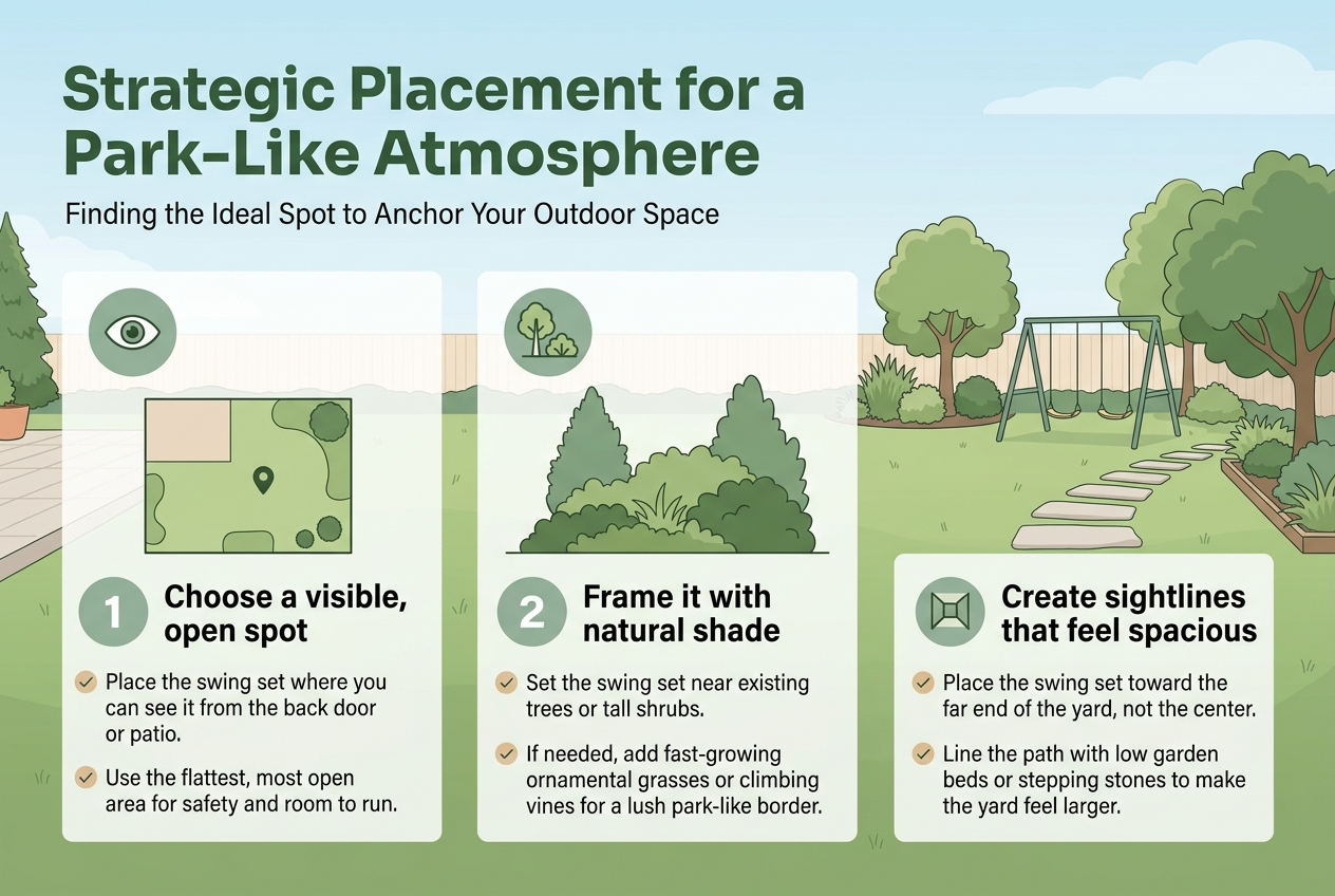 Create a full-bleed landscape infographic in 3:2 aspect ratio with a clean professional outdoor design, soft natural colors, and clear visual hierarchy. Use a modern sans-serif font with a bold dark green title at the top and lighter body text in dark gray. Background: subtle illustrated backyard with grass, trees, patio, and sky; no frame or poster border.Top header across the full width:“Strategic Placement for a Park-Like Atmosphere”Small subtitle under the title:“Finding the Ideal Spot to Anchor Your Outdoor Space”Main content arranged in three wide horizontal sections across the page, each in its own clean block with numbered labels and matching icons:Left section labeled “1” with a circular eye icon and a simple backyard map graphic:“Choose a visible, open spot”Small supporting text:“Place the swing set where you can see it from the back door or patio.”“Use the flattest, most open area for safety and room to run.”Center section labeled “2” with a tree and shrub icon and layered greenery illustration:“Frame it with natural shade”Small supporting text:“Set the swing set near existing trees or tall shrubs.”“If needed, add fast-growing ornamental grasses or climbing vines for a lush park-like border.”Right section labeled “3” with a depth-perspective icon and stepping-stone path graphic:“Create sightlines that feel spacious”Small supporting text:“Place the swing set toward the far end of the yard, not the center.”“Line the path with low garden beds or stepping stones to make the yard feel larger.”Include a simple illustrated swing set near the far side of the yard, surrounded by trees, shrubs, and a stepping-stone path leading toward it. Use green, sage, sky blue, and warm beige accents. Add small checkmark markers beside each key line. Keep the layout airy, balanced, and easy to read, with all sections aligned in a wide horizontal composition.
