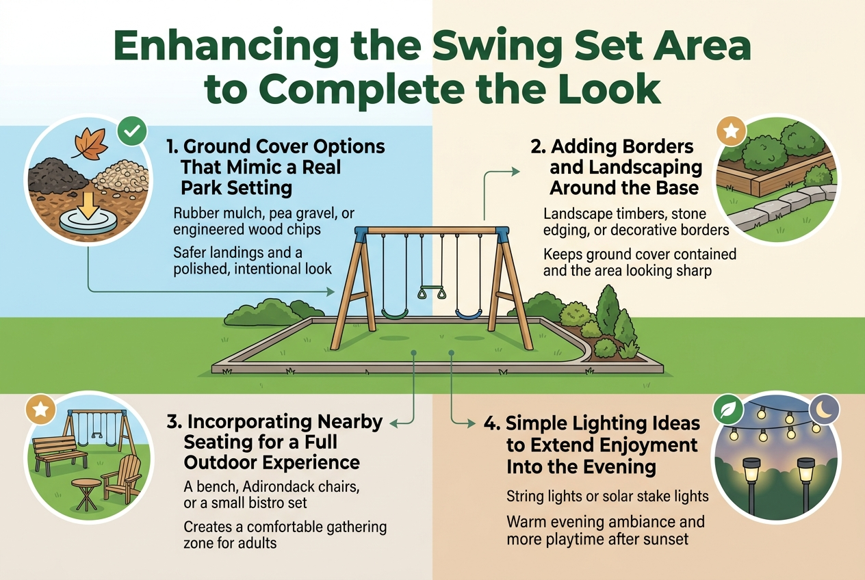Create a clean, professional infographic illustration in a 3:2 aspect ratio, full-bleed layout with no frame, using a wide horizontal composition and a modern park-inspired color palette of green, blue, warm beige, soft gray, and natural wood tones. Use bold sans-serif typography for headings and smaller readable sans-serif text for body copy.Top center: large bold title text in dark green: "Enhancing the Swing Set Area to Complete the Look"Below the title, divide the infographic into 4 wide horizontal sections or 2x2 grid blocks across the page, each with a distinct icon, numbered label, subheading, and short explanatory text.Section 1, upper left: a circular icon of rubber mulch, pea gravel, and wood chips with a falling leaf and cushioned landing symbol. Heading text: "1. Ground Cover Options That Mimic a Real Park Setting" Body text: "Rubber mulch, pea gravel, or engineered wood chips" and "Safer landings and a polished, intentional look"Section 2, upper right: a circular icon of landscape timbers, stone edging, and small shrubs. Heading text: "2. Adding Borders and Landscaping Around the Base" Body text: "Landscape timbers, stone edging, or decorative borders" and "Keeps ground cover contained and the area looking sharp"Section 3, lower left: a circular icon of a bench, Adirondack chair, and small bistro set beside the swing set. Heading text: "3. Incorporating Nearby Seating for a Full Outdoor Experience" Body text: "A bench, Adirondack chairs, or a small bistro set" and "Creates a comfortable gathering zone for adults"Section 4, lower right: a circular icon of string lights and solar stake lights glowing at dusk. Heading text: "4. Simple Lighting Ideas to Extend Enjoyment Into the Evening" Body text: "String lights or solar stake lights" and "Warm evening ambiance and more playtime after sunset"Add a simple illustrated swing set area spanning the center or background across the sections, with tidy lawn, defined borders, and park-like landscaping. Use subtle directional arrows or clean connectors linking each section to the swing set area. Include small accent icons such as a checkmark, star, or leaf beside each heading. Keep the layout spacious, balanced, and easy to scan, with clear visual hierarchy and crisp infographic styling.