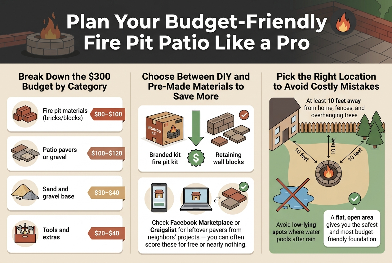 Create a full-bleed infographic illustration in a 3:2 aspect ratio with a clean professional outdoor-home-improvement style, warm earthy colors, charcoal gray, brick red, tan, sand beige, and muted green accents. Use bold sans-serif typography for the title and clear readable sans-serif text for body copy. Layout should be wide and horizontal with three main sections across the page, not a narrow vertical poster.Top header across the full width:Large bold title text: "Plan Your Budget-Friendly Fire Pit Patio Like a Pro"Add a subtle fire pit and patio background motif behind the header, with a small flame icon near the title.Left section: budget breakdownHeading text: "Break Down the $300 Budget by Category"Place a neat horizontal budget chart with four stacked rows, each row with a small icon and cost range:1. Brick/block icon with text: "Fire pit materials (bricks/blocks)" and "$80โ$100"2. Paver/gravel icon with text: "Patio pavers or gravel" and "$100โ$120"3. Sand pile and gravel icon with text: "Sand and gravel base" and "$30โ$40"4. Tool kit icon with text: "Tools and extras" and "$20โ$40"Use thin dividers and small colored price tags on the right side of each row.Center section: save money tipsHeading text: "Choose Between DIY and Pre-Made Materials to Save More"Show a side-by-side comparison graphic: left side a branded fire pit kit box with a higher price feel, right side loose retaining wall blocks and pavers with a lower price feel. Add a green downward arrow and a dollar sign savings badge.Include a second small panel beneath it with a marketplace/hand-me-down theme: a phone screen, laptop, and swapped pavers icon, with text: "Check Facebook Marketplace or Craigslist for leftover pavers from neighbors' projects โ you can often score these for free or nearly nothing."Use small checkmark badges next to loose materials and secondhand finds.Right section: location safety and placementHeading text: "Pick the Right Location to Avoid Costly Mistakes"Draw a simple top-down yard diagram with a fire pit circle placed in a flat open area. Show labeled distance markers of "10 feet" from a house, fence, and tree icons. Include a blue puddle/low-spot area crossed out to show poor drainage. Add a green checkmark on the flat open spot.Include short text callouts:"At least 10 feet away from home, fences, and overhanging trees""Avoid low-lying spots where water pools after rain""A flat, open area gives you the safest and most budget-friendly foundation"Use clear iconography, rounded info cards, subtle shadows, and strong visual hierarchy. Keep all text legible and evenly spaced. No people, no extra decorative text, no watermark.
