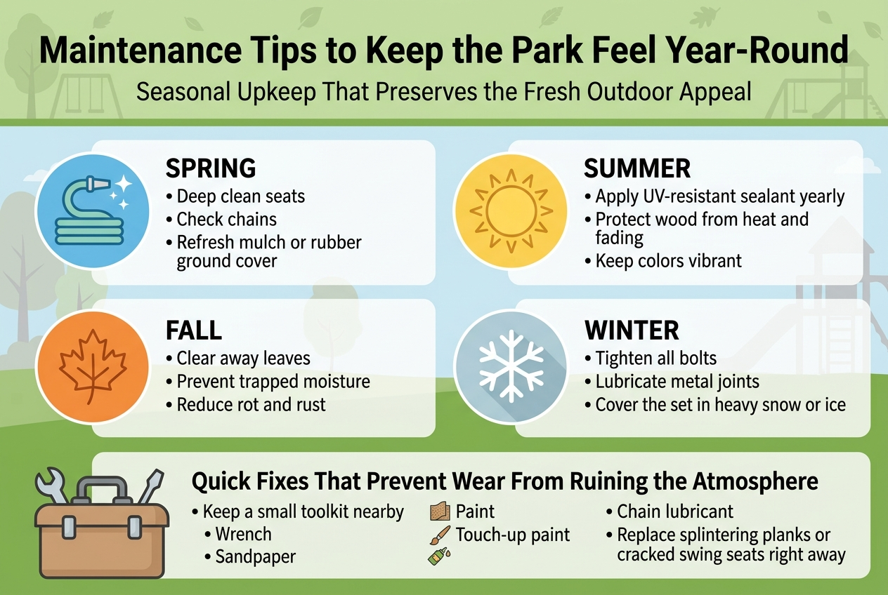 Create a clean, professional infographic illustration in a full-bleed 3:2 landscape layout with no frame or inset margins. Use a fresh outdoor color palette of grass green, sky blue, warm beige, white, and soft gray accents. Use modern sans-serif typography with a bold title at the top and clear section hierarchy.Top header across the full width:"Maintenance Tips to Keep the Park Feel Year-Round"Subtitle directly below in smaller text:"Seasonal Upkeep That Preserves the Fresh Outdoor Appeal"Main body in a wide 2-row, 4-column grid of seasonal panels across the center, each panel with a colored circular icon and short bullet text:1) Spring panel on the left with a blue icon of a hose and sparkle:"SPRING""• Deep clean seats""• Check chains""• Refresh mulch or rubber ground cover"2) Summer panel with a yellow sun icon:"SUMMER""• Apply UV-resistant sealant yearly""• Protect wood from heat and fading""• Keep colors vibrant"3) Fall panel with an orange leaf icon:"FALL""• Clear away leaves""• Prevent trapped moisture""• Reduce rot and rust"4) Winter panel with a white snowflake icon:"WINTER""• Tighten all bolts""• Lubricate metal joints""• Cover the set in heavy snow or ice"Bottom section spanning the full width with a toolbox illustration on the left and a quick-fix checklist on the right:Header:"Quick Fixes That Prevent Wear From Ruining the Atmosphere"Checklist with small wrench, sandpaper, paint brush, and lubricant icons:"• Keep a small toolkit nearby""• Wrench""• Sandpaper""• Touch-up paint""• Chain lubricant""• Replace splintering planks or cracked swing seats right away"Add a subtle background pattern of faint trees, leaves, and playground silhouettes. Use strong visual separation between sections with soft dividers and rounded rectangles. Keep the layout balanced, bright, and easy to scan, with icons placed beside each section title and plenty of readable spacing.