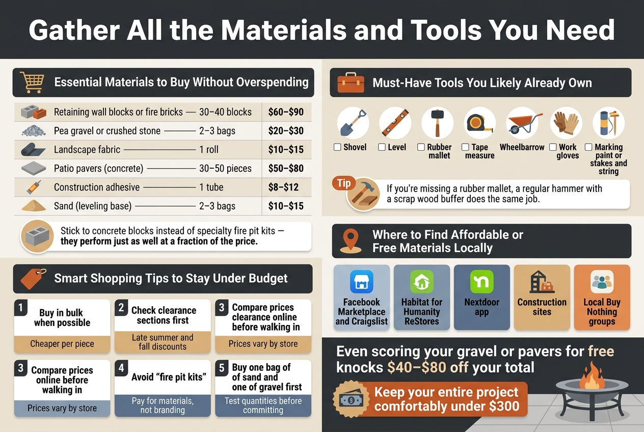 Create a clean, professional wide infographic in 3:2 aspect ratio, full-bleed layout, with a modern outdoor DIY theme using charcoal gray, warm orange, tan, slate blue, and white. Use bold sans-serif fonts, clear section headers, subtle shadows, and simple flat icons. Place a large bold title across the top: "Gather All the Materials and Tools You Need"Below the title, arrange four wide horizontal sections in a 2-column grid and one bottom callout band, avoiding a narrow vertical stack.Top left section: "Essential Materials to Buy Without Overspending" with a shopping cart icon and a neat table-style layout. Include these rows with small material icons:- "Retaining wall blocks or fire bricks" โ "30โ40 blocks" โ "$60โ$90"- "Pea gravel or crushed stone" โ "2โ3 bags" โ "$20โ$30"- "Landscape fabric" โ "1 roll" โ "$10โ$15"- "Patio pavers (concrete)" โ "30โ50 pieces" โ "$50โ$80"- "Construction adhesive" โ "1 tube" โ "$8โ$12"- "Sand (leveling base)" โ "2โ3 bags" โ "$10โ$15"Add a highlighted note box under the table with a block icon and the text: "Stick to concrete blocks instead of specialty fire pit kits โ they perform just as well at a fraction of the price."Top right section: "Must-Have Tools You Likely Already Own" with a toolbox icon and a horizontal checklist of tools, each with a small icon:- "Shovel"- "Level"- "Rubber mallet"- "Tape measure"- "Wheelbarrow"- "Work gloves"- "Marking paint or stakes and string"Add a small tip badge with a hammer and wood icon and the text: "If you're missing a rubber mallet, a regular hammer with a scrap wood buffer does the same job."Middle left section: "Smart Shopping Tips to Stay Under Budget" with a price tag icon and four numbered cards with small icons:1. "Buy in bulk when possible"2. "Check clearance sections first"3. "Compare prices online before walking in"4. "Avoid \"fire pit kits\""5. "Buy one bag of sand and one of gravel first"Use short supporting labels in smaller text beside each point:- "Cheaper per piece"- "Late summer and fall discounts"- "Prices vary by store"- "Pay for materials, not branding"- "Test quantities before committing"Middle right section: "Where to Find Affordable or Free Materials Locally" with a location pin icon and five source blocks with app/store icons:- "Facebook Marketplace and Craigslist"- "Habitat for Humanity ReStores"- "Nextdoor app"- "Construction sites"- "Local Buy Nothing groups"Bottom full-width callout band: large bold text "Even scoring your gravel or pavers for free knocks $40โ$80 off your total" followed by a standout budget badge: "Keep your entire project comfortably under $300". Include a small money-saving icon and a simple patio fire pit illustration in the background.Use clean spacing, aligned columns, strong visual hierarchy, and readable text throughout.