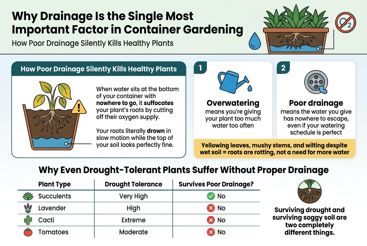 Create a clean professional landscape infographic in a 3:2 aspect ratio, full-bleed edge-to-edge with no frame, using a modern flat vector style, white background with deep green, teal, blue, and warm yellow accents, bold sans-serif typography, clear hierarchy, and wide horizontal section layout.Top header across the full width:Large bold title text: "Why Drainage Is the Single Most Important Factor in Container Gardening"Add a small subtitle beneath in medium weight: "How Poor Drainage Silently Kills Healthy Plants"Include a wide illustration of a container plant with water pooling at the bottom and visible roots below the soil line, with a blue droplet icon and a crossed-out oxygen symbol.Middle left section in a large rounded rectangle with a dark teal header bar titled: "How Poor Drainage Silently Kills Healthy Plants"Inside, show a cross-section of a pot with stagnant water at the bottom, roots submerged, yellowing leaves above, and a warning icon. Add short text callout in a clean text block:"When water sits at the bottom of your container with nowhere to go, it suffocates your plant's roots by cutting off their oxygen supply.""Your roots literally drown in slow motion while the top of your soil looks perfectly fine."Middle right section split into two comparison cards with icons:Card 1 with a blue watering can icon and title: "Overwatering"Text: "means you're giving your plant too much water too often"Card 2 with a gray clogged-drain icon and title: "Poor drainage"Text: "means the water you give has nowhere to escape, even if your watering schedule is perfect"Below both cards, add a highlighted warning strip with yellow background and bold text:"Yellowing leaves, mushy stems, and wilting despite wet soil = roots are rotting, not a need for more water"Bottom wide section titled: "Why Even Drought-Tolerant Plants Suffer Without Proper Drainage"Place a clean 3-column table with thin lines and simple plant icons, using green check and red X symbols in the last column. Include exactly these rows and headers:"Plant Type" | "Drought Tolerance" | "Survives Poor Drainage?""Succulents" | "Very High" | "No""Lavender" | "High" | "No""Cacti" | "Extreme" | "No""Tomatoes" | "Moderate" | "No"Add a bottom-right callout with a small root rot illustration and bold text:"Surviving drought and surviving soggy soil are two completely different things."Use strong visual hierarchy, ample spacing, crisp iconography, and readable text blocks. Ensure all text is sharp and clearly visible.