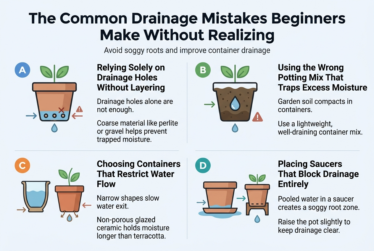 Create a clean professional landscape infographic in a 3:2 aspect ratio, full-bleed edge-to-edge layout with no frame, no inset margins, and no tall centered poster stack. Use a bright white background with soft blue and green accent colors, dark charcoal text, and subtle terracotta and soil-brown details. Use modern sans-serif fonts with a bold title at the top and four wide horizontal sections arranged in a 2x2 grid across the page. Include simple flat vector garden icons and drainage symbols.Top header across the full width:Large bold title text: "The Common Drainage Mistakes Beginners Make Without Realizing"Add a small subtitle line beneath in lighter text: "Avoid soggy roots and improve container drainage"Main body: four equal content blocks, each with a colored number badge, a small icon, a bold section heading, and 1–2 short explanatory lines.Top left block:Number badge "A" in a blue circle.Icon: a plant pot with drainage holes at the bottom and a blocked water line.Heading text: "Relying Solely on Drainage Holes Without Layering"Body text:"Drainage holes alone are not enough.""Coarse material like perlite or gravel helps prevent trapped moisture."Top right block:Number badge "B" in a green circle.Icon: dense heavy soil in a pot with a droplet trapped inside.Heading text: "Using the Wrong Potting Mix That Traps Excess Moisture"Body text:"Garden soil compacts in containers.""Use a lightweight, well-draining container mix."Bottom left block:Number badge "C" in an orange circle.Icon: two pots side by side, one narrow-bottomed glazed ceramic pot holding water, one terracotta pot draining better.Heading text: "Choosing Containers That Restrict Water Flow"Body text:"Narrow shapes slow water exit.""Non-porous glazed ceramic holds moisture longer than terracotta."Bottom right block:Number badge "D" in a teal circle.Icon: a pot sitting in a saucer with pooled water under it, plus a small raised stand version beside it.Heading text: "Placing Saucers That Block Drainage Entirely"Body text:"Pooled water in a saucer creates a soggy root zone.""Raise the pot slightly to keep drainage clear."Add thin arrows and small water drop symbols near each pot icon, plus subtle warning marks where needed. Use clear visual hierarchy, ample spacing, crisp lines, and balanced composition. Keep all text fully legible and perfectly spelled. Include only the following text exactly as written in the infographic:"The Common Drainage Mistakes Beginners Make Without Realizing""A. Relying Solely on Drainage Holes Without Layering""Drainage holes alone are not enough.""Coarse material like perlite or gravel helps prevent trapped moisture.""B. Using the Wrong Potting Mix That Traps Excess Moisture""Garden soil compacts in containers.""Use a lightweight, well-draining container mix.""C. Choosing Containers That Restrict Water Flow""Narrow shapes slow water exit.""Non-porous glazed ceramic holds moisture longer than terracotta.""D. Placing Saucers That Block Drainage Entirely""Pooled water in a saucer creates a soggy root zone.""Raise the pot slightly to keep drainage clear."