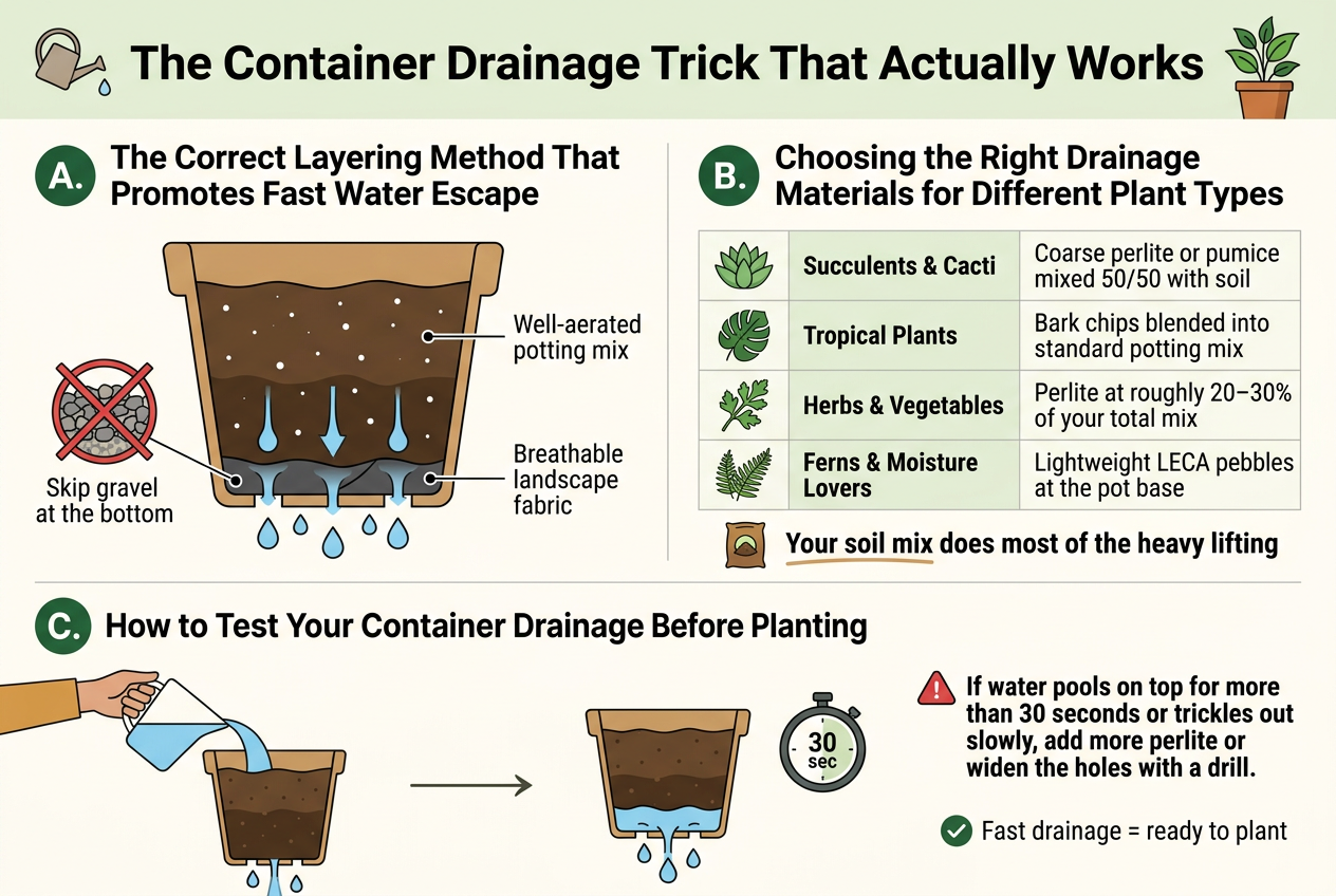 Create a clean, professional wide infographic illustration in 3:2 aspect ratio, full-bleed layout, bright natural gardening colors with white background, deep green and earthy tan accents, modern sans-serif typography, bold hierarchy, crisp flat vector style.Top header across the full width: large bold title text exactly "The Container Drainage Trick That Actually Works" with a small watering can icon and a healthy potted plant icon beside it.Below the title, arrange three wide horizontal sections in a 2-row layout with strong visual separation and clear icons.Left large section labeled exactly "A. The Correct Layering Method That Promotes Fast Water Escape" with a simple cutaway container diagram:- a container pot cross-section- top layer: well-aerated potting mix- bottom base: breathable landscape fabric covering drainage holes- water droplets flowing freely downward through the soil and out the holes- a crossed-out gravel layer icon with a red X and a small label exactly "Skip gravel at the bottom"- include short callout text exactly "Well-aerated potting mix" and "Breathable landscape fabric"Right upper section labeled exactly "B. Choosing the Right Drainage Materials for Different Plant Types" with a clean 2-column mini table and four plant icons:- row 1: succulent icon, text exactly "Succulents & Cacti" and "Coarse perlite or pumice mixed 50/50 with soil"- row 2: tropical leaf icon, text exactly "Tropical Plants" and "Bark chips blended into standard potting mix"- row 3: herb sprig icon, text exactly "Herbs & Vegetables" and "Perlite at roughly 20–30% of your total mix"- row 4: fern icon, text exactly "Ferns & Moisture Lovers" and "Lightweight LECA pebbles at the pot base"Add a small soil bag icon and a short emphasized line below the table exactly "Your soil mix does most of the heavy lifting"Bottom wide section spanning the full width labeled exactly "C. How to Test Your Container Drainage Before Planting" with a step-by-step visual:- a hand pouring water into an empty planted container- water exiting drainage holes quickly- a stopwatch icon showing "30 sec"- a warning callout with a red triangle icon and text exactly "If water pools on top for more than 30 seconds or trickles out slowly, add more perlite or widen the holes with a drill."- include a small checkmark label exactly "Fast drainage = ready to plant"Use clear numbered markers "A.", "B.", and "C." in colored circles, consistent icon style, strong contrast, ample whitespace, and a polished editorial infographic look.