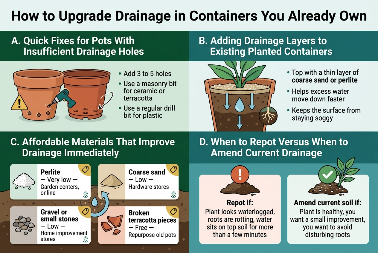 Create a clean, professional full-bleed infographic illustration in a 3:2 landscape aspect ratio about container drainage upgrades. Use a bright garden-themed palette of deep green, teal, terracotta, warm gray, and white, with bold sans-serif typography and clear iconography. Place a large bold title across the top: "How to Upgrade Drainage in Containers You Already Own".Arrange the content in four wide horizontal sections or a 2x2 grid across the page, not a narrow vertical stack. Use clear section headers, numbered markers, and simple illustrated icons.Section 1 on the upper left: header text "A. Quick Fixes for Pots With Insufficient Drainage Holes". Show a clay pot and a plastic pot side by side with drilled holes in the base. Add a small drill icon. Include short bullet text: "Add 3 to 5 holes", "Use a masonry bit for ceramic or terracotta", "Use a regular drill bit for plastic". Use a caution symbol near the ceramic pot and a clean drilling motion line graphic.Section 2 on the upper right: header text "B. Adding Drainage Layers to Existing Planted Containers". Show a planted container with a healthy plant and a thin top dressing layer of coarse sand or perlite on the soil surface. Include a water drop moving downward through the soil. Add short bullet text: "Top with a thin layer of coarse sand or perlite", "Helps excess water move down faster", "Keeps the surface from staying soggy". Use a small root icon beneath the soil line.Section 3 on the lower left: header text "C. Affordable Materials That Improve Drainage Immediately". Show four labeled material chips or cards with icons: "Perlite — Very low — Garden centers, online", "Coarse sand — Low — Hardware stores", "Gravel or small stones — Low — Home improvement stores", "Broken terracotta pieces — Free — Repurpose old pots". Use a small price tag icon on each card and a tiny source/location icon. Add a subtle soil mixing graphic with arrows showing improved water flow.Section 4 on the lower right: header text "D. When to Repot Versus When to Amend Current Drainage". Split this section into two side-by-side decision boxes. Left box with a red/orange alert icon and text: "Repot if: Plant looks waterlogged, roots are rotting, water sits on top of the soil for more than a few minutes". Right box with a green check icon and text: "Amend current soil if: Plant is healthy, you want a small improvement, you want to avoid disturbing roots". Add a small visual of a plant in fresh soil for repotting and a plant with added perlite for amending.Use clear visual hierarchy: bold title, medium-size section headers, smaller body text. Keep text concise and highly legible. Use icons for drill, pot, sand, perlite, gravel, terracotta shards, water droplets, roots, alert, and checkmark. Maintain a balanced wide composition with generous spacing, crisp lines, and subtle shadows.