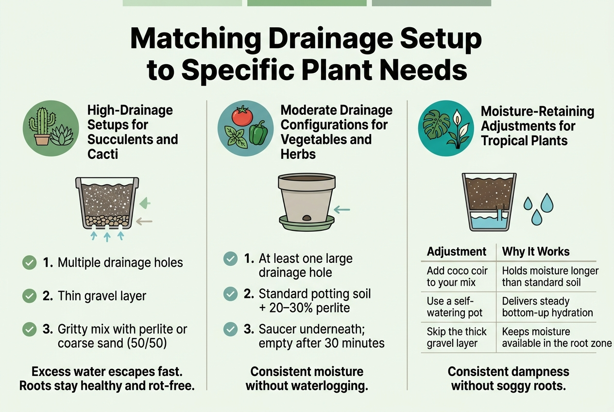 Create a clean professional infographic in a 3:2 aspect ratio, full-bleed layout with no frame, wide horizontal composition, white background with subtle light green and خاک خاک? no, subtle sage green and خاک? Let's do clean. Use modern sans-serif fonts, bold dark charcoal headings, accent colors: cactus green, herb green, tropical teal, warm gray dividers. Place a large bold title across the top center: "Matching Drainage Setup to Specific Plant Needs".Below the title, divide the canvas into three wide horizontal sections or three equal columns with clear icons and color-coded headers.LEFT SECTION: High-Drainage Setups for Succulents and CactiUse a cactus and succulent icon in a green circle. Include a small container illustration with multiple drainage holes, a thin gravel layer at the bottom, and a gritty soil mix.Add 3 numbered bullet points with small check icons:1. "Multiple drainage holes"2. "Thin gravel layer"3. "Gritty mix with perlite or coarse sand (50/50)"Add a short bold line beneath: "Excess water escapes fast. Roots stay healthy and rot-free."CENTER SECTION: Moderate Drainage Configurations for Vegetables and HerbsUse a tomato, basil, and pepper icon cluster in a blue-green circle. Include a pot with one large drainage hole and a saucer beneath it.Add 3 numbered bullet points with small check icons:1. "At least one large drainage hole"2. "Standard potting soil + 20–30% perlite"3. "Saucer underneath; empty after 30 minutes"Add a short bold line beneath: "Consistent moisture without waterlogging."RIGHT SECTION: Moisture-Retaining Adjustments for Tropical PlantsUse a monstera leaf and peace lily icon in a teal circle. Include a self-watering pot illustration with bottom-up water reservoir and a soil mix showing no thick gravel layer.Add a two-column mini-table with thin lines and bold headers:"Adjustment" | "Why It Works""Add coco coir to your mix" | "Holds moisture longer than standard soil""Use a self-watering pot" | "Delivers steady bottom-up hydration""Skip the thick gravel layer" | "Keeps moisture available in the root zone"Add a short bold line beneath: "Consistent dampness without soggy roots."Use clear section headers, numbered points, small icons for each item, and neat spacing. Include subtle arrows or water droplet symbols to emphasize drainage and moisture balance. Ensure all text is legible, crisp, and exactly as written.