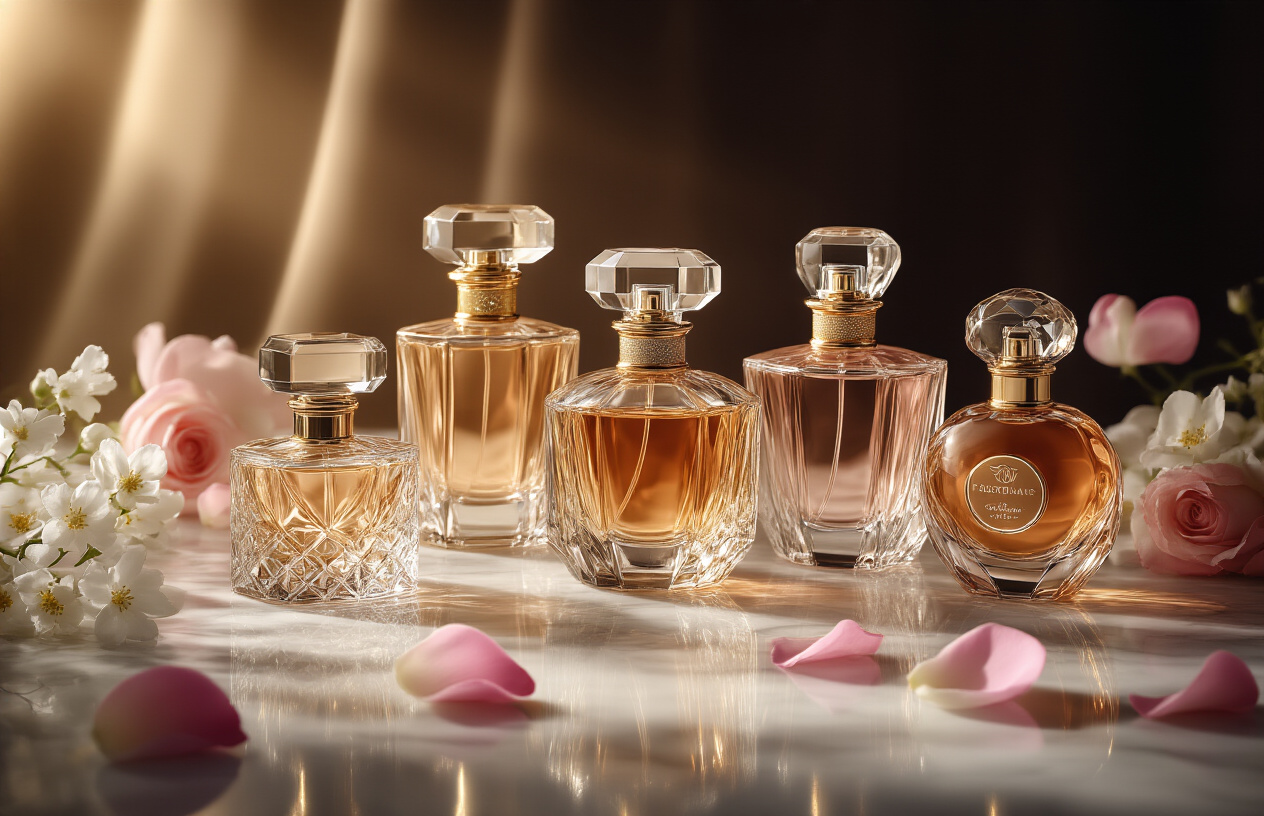 Create a realistic image of an elegant luxury perfume display featuring multiple ornate crystal and gold perfume bottles of varying sizes and shapes arranged on a polished marble surface, with soft warm lighting creating subtle reflections and shadows, surrounded by delicate floral elements like rose petals and jasmine flowers, set against a sophisticated dark velvet background, conveying an atmosphere of premium luxury and exclusivity, absolutely NO text should be in the scene.