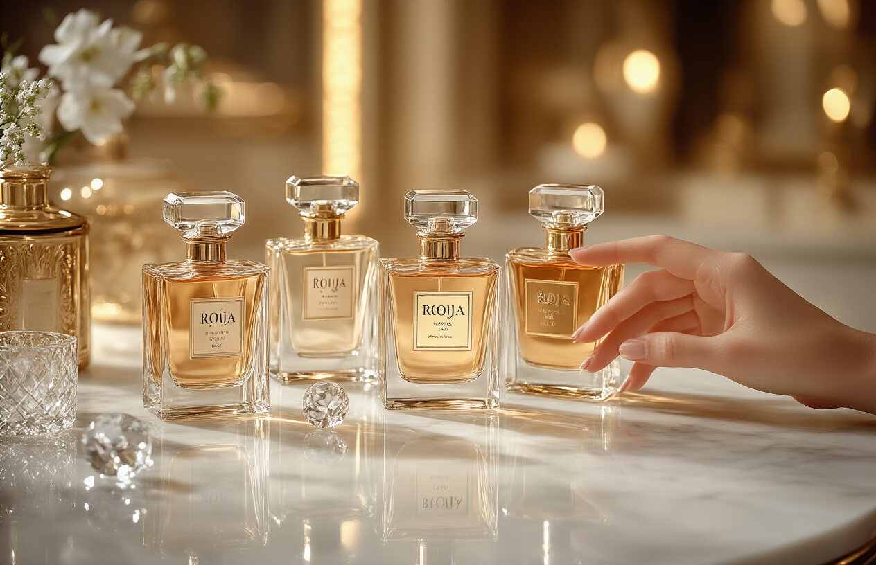 Create a realistic image of an elegant perfume selection scene featuring multiple luxury Roja perfume bottles displayed on a pristine white marble surface, with soft golden lighting creating subtle reflections on the glass bottles, delicate crystal perfume atomizers scattered nearby, a single white woman's hand gracefully reaching toward one of the ornate bottles as if making a selection, warm ambient lighting creating a luxurious boutique atmosphere, shallow depth of field focusing on the perfume collection with a softly blurred sophisticated interior background, absolutely NO text should be in the scene.