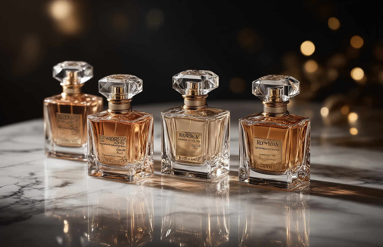 Create a realistic image of an elegant luxury perfume collection display featuring multiple ornate Roja perfume bottles with crystal-like caps and gold accents arranged on a polished marble surface, with soft ambient lighting creating gentle reflections, a sophisticated dark background with subtle bokeh effects, and delicate shadows emphasizing the premium quality and investment value of the fragrances, absolutely NO text should be in the scene.