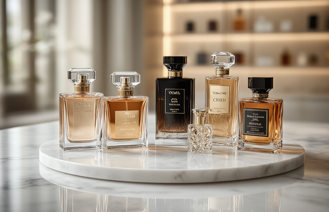 Create a realistic image of an elegant luxury perfume comparison display featuring multiple high-end fragrance bottles arranged on a pristine white marble surface, with Roja perfume bottles prominently positioned alongside other luxury brands like Tom Ford, Creed, and Maison Francis Kurkdjian, each bottle showcasing distinct elegant packaging and crystal-cut designs, soft natural lighting creating subtle reflections on the glass surfaces, minimalist upscale boutique background with blurred shelving, sophisticated and refined mood emphasizing premium quality and exclusivity, absolutely NO text should be in the scene.