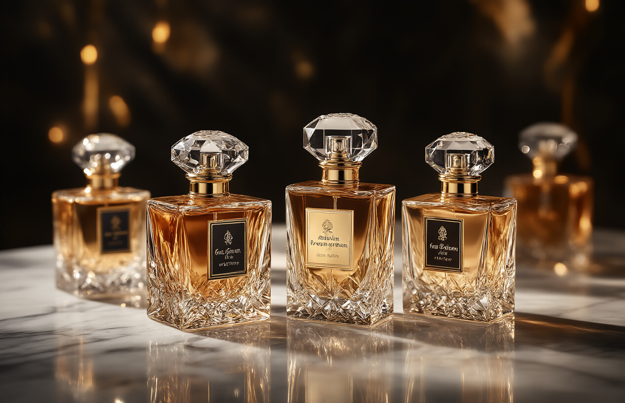 Create a realistic image of an elegant luxury perfume display featuring several ornate Roja Parfums bottles with intricate crystal-like caps and gold detailing arranged on a polished marble surface, surrounded by subtle ambient lighting that creates warm golden reflections, with soft shadows and a sophisticated dark background that emphasizes the premium nature and craftsmanship of the fragrances, conveying exclusivity and high-end luxury without any people present, absolutely NO text should be in the scene.