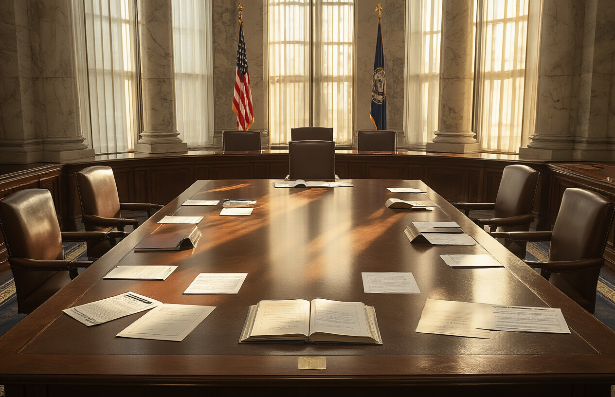 Create a realistic image of a professional government building interior with marble columns and American flags, featuring a large wooden conference table with official legislative documents and bills spread across its surface, surrounded by empty leather chairs, with warm natural lighting streaming through tall windows creating a formal governmental atmosphere, absolutely NO text should be in the scene.
