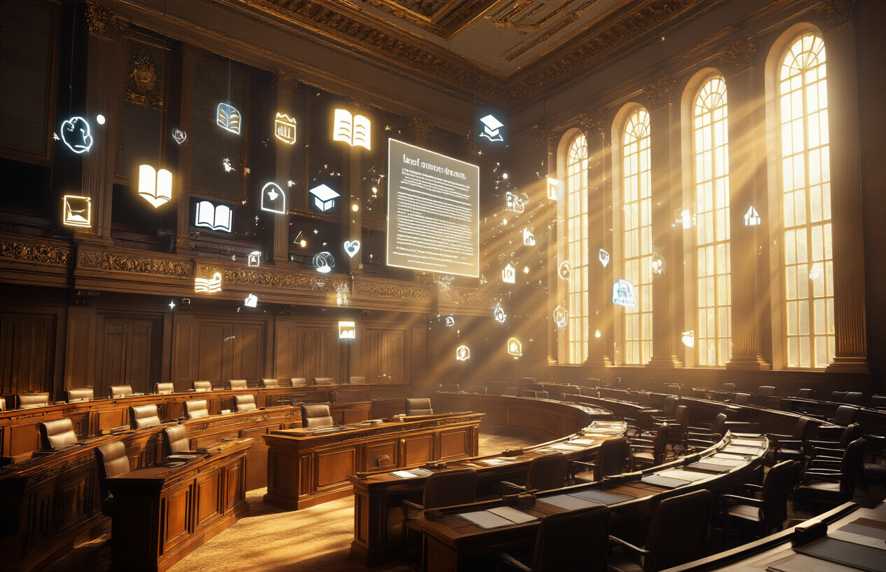 Create a realistic image of a modern legislative chamber with ornate wooden desks arranged in a semicircle, featuring a large illuminated document or bill displayed on a digital screen at the front, with golden light streaming through tall windows creating dramatic lighting that highlights floating translucent icons representing key policy components like healthcare symbols, education books, and infrastructure elements gently hovering above the chamber, while the overall atmosphere conveys innovation and transformation with warm, inspiring lighting and a sense of forward progress, absolutely NO text should be in the scene.