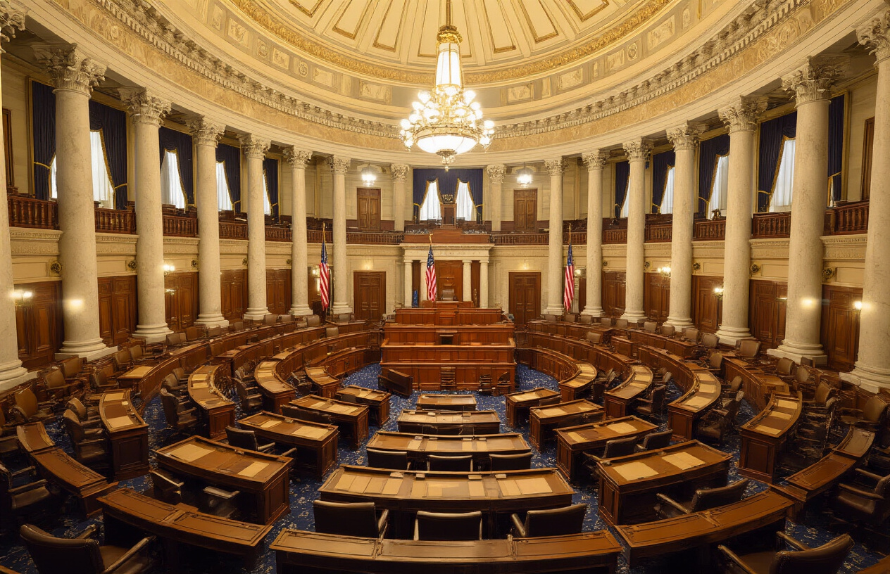 Create a realistic image of the interior of the U.S. House of Representatives chamber with the iconic semicircular seating arrangement, ornate wooden desks and chairs, American flags positioned prominently, the Speaker's podium at the front, classical architectural columns and detailed ceiling work, warm golden lighting illuminating the formal governmental space, capturing the traditional setting where congressional operations and legislative processes take place, with an atmosphere that conveys the gravity and importance of democratic decision-making, absolutely NO text should be in the scene.