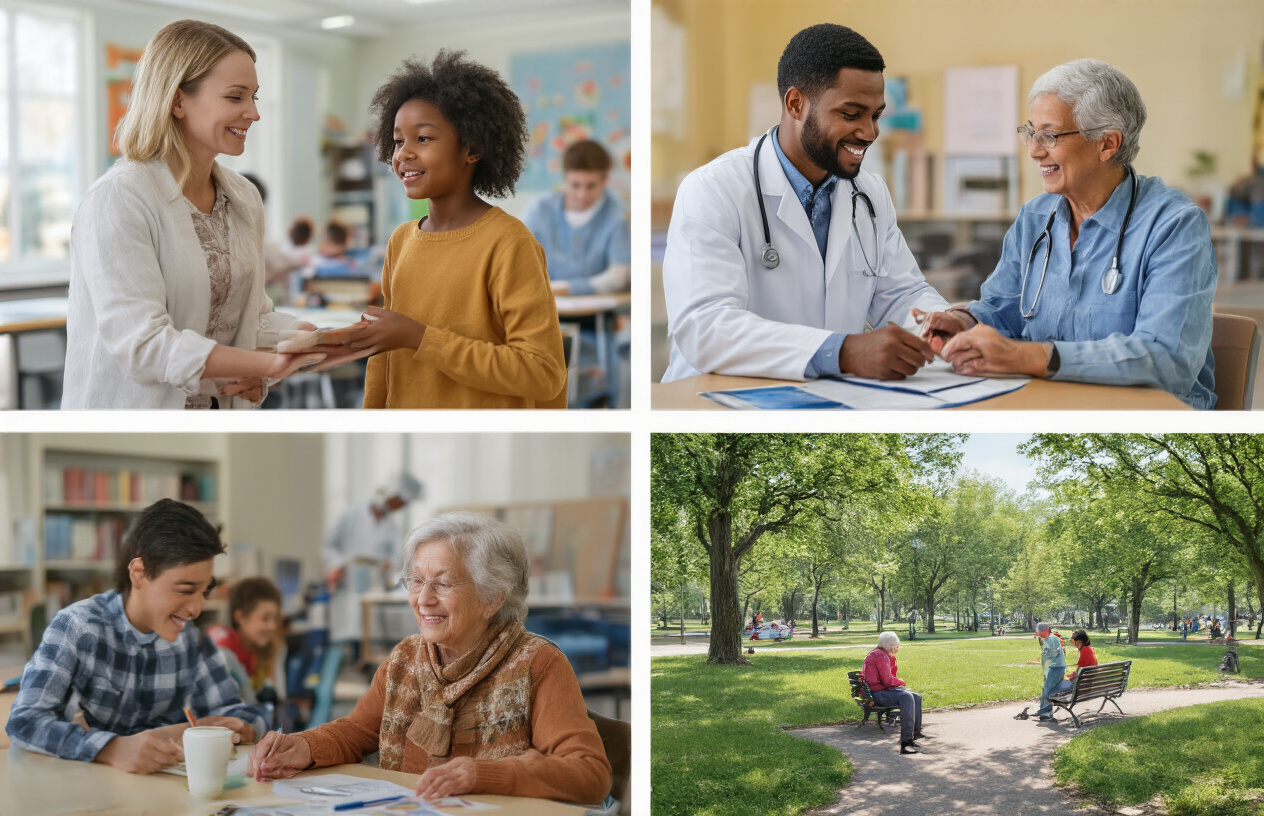 Create a realistic image of diverse citizens enjoying various community benefits including a white female teacher helping children in a well-funded classroom, a black male receiving quality healthcare from a doctor, an elderly white woman using improved public transportation, and a Hispanic family in a renovated public park, with bright natural lighting showing a thriving community atmosphere, absolutely NO text should be in the scene.
