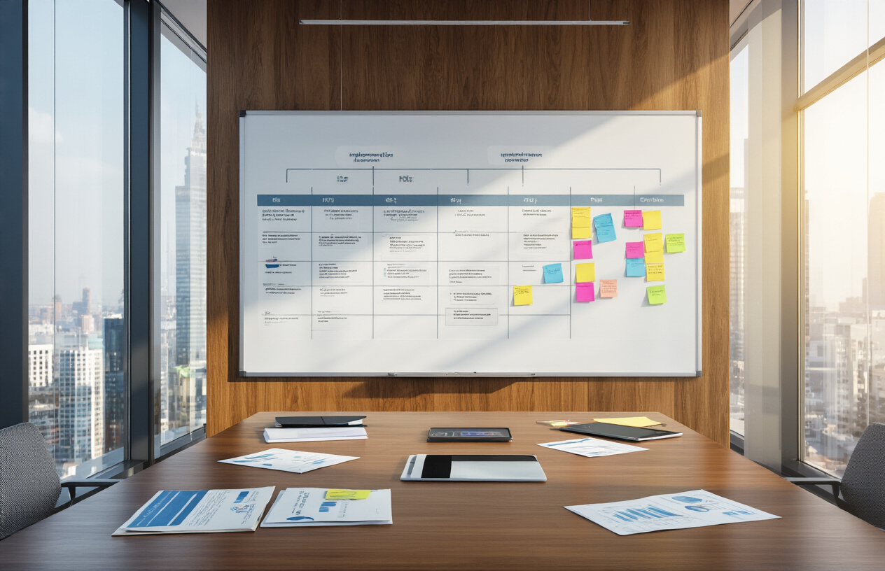 Create a realistic image of a modern conference room with a large wall-mounted timeline chart showing implementation phases, a polished wooden table with scattered documents and folders, a sleek digital tablet displaying progress indicators, and a clean whiteboard with colorful sticky notes arranged in organized columns, all set against floor-to-ceiling windows showing a bright daytime cityscape, with warm natural lighting creating a professional and forward-looking atmosphere, absolutely NO text should be in the scene.