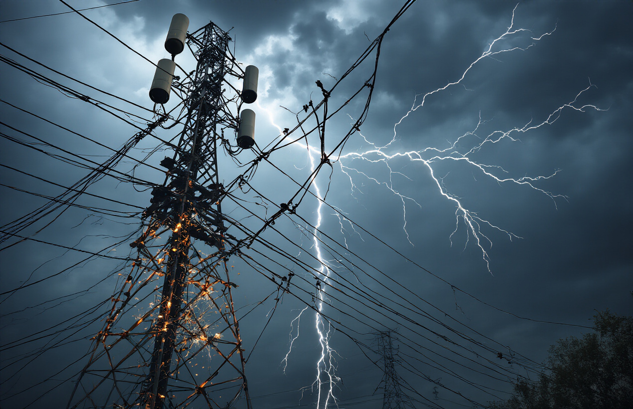 Create a realistic image of a complex network of fiber optic cables, circuit boards, and communication towers with visible cracks, breaks, and damaged connections, showing sparks and failing electrical components, set against a dark stormy sky background with lightning illuminating the fragile infrastructure, emphasizing the vulnerability of interconnected communication systems through dramatic lighting that highlights both the technological complexity and structural weakness of modern networks, absolutely NO text should be in the scene.