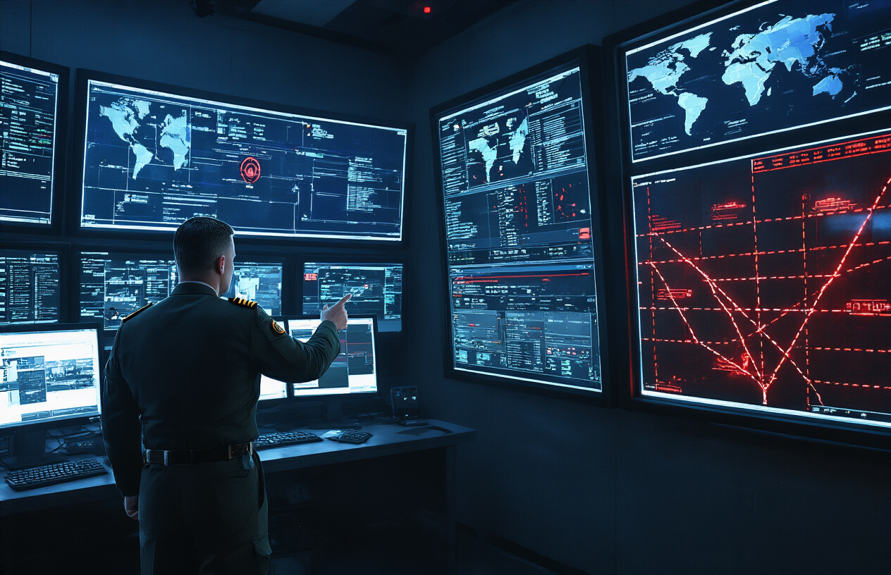 Create a realistic image of a dark military command center with multiple glowing computer screens displaying network diagrams and communication systems, some screens showing red warning alerts and error messages, a white male military officer in uniform looking concerned while pointing at a large wall-mounted display showing disconnected communication nodes, broken satellite links represented by dashed red lines, military communication equipment with flickering lights indicating system failures, dramatic lighting with blue and red emergency lighting casting shadows across the room, creating a tense atmosphere of vulnerability and potential system breakdown, absolutely NO text should be in the scene.