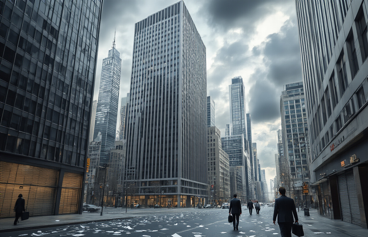 Create a realistic image of a modern financial district with towering skyscrapers and office buildings during daytime, showing visible signs of economic disruption including darkened building windows, empty streets with scattered papers blowing in the wind, closed storefronts with metal shutters, a few concerned-looking business professionals of diverse races and genders walking hurriedly on sidewalks carrying briefcases, dramatic cloudy sky overhead suggesting uncertainty, urban landscape with minimal traffic, and subtle indicators of communication infrastructure like cell towers and satellite dishes visible on rooftops, all conveying the atmosphere of economic instability and crisis, absolutely NO text should be in the scene.