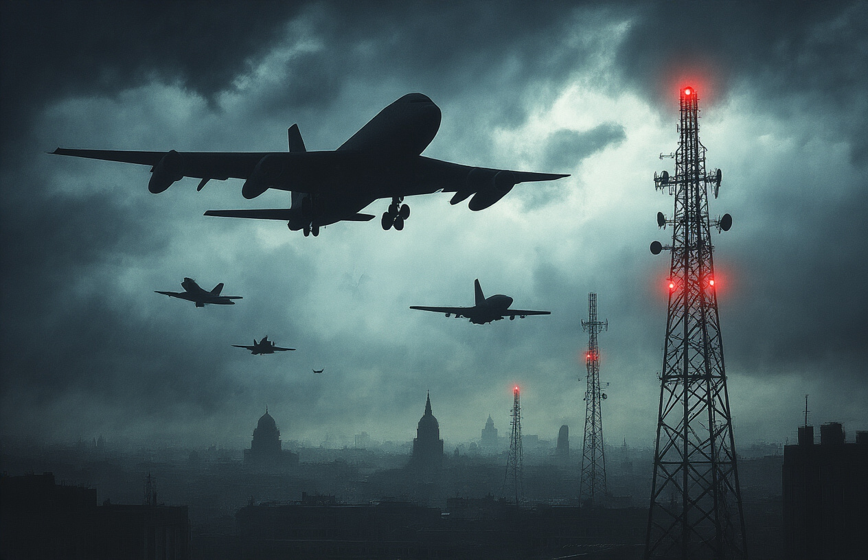 Create a realistic image of a dark, ominous scene showing silhouettes of foreign military aircraft and satellites in a stormy sky hovering menacingly over a distant cityscape with government buildings and communication towers, featuring dramatic lighting with red warning lights on the towers, storm clouds creating an atmosphere of imminent threat, and radio waves or signal disruptions visualized as distorted electromagnetic fields in the air, with the overall mood being tense and foreboding to represent national security vulnerabilities, absolutely NO text should be in the scene.