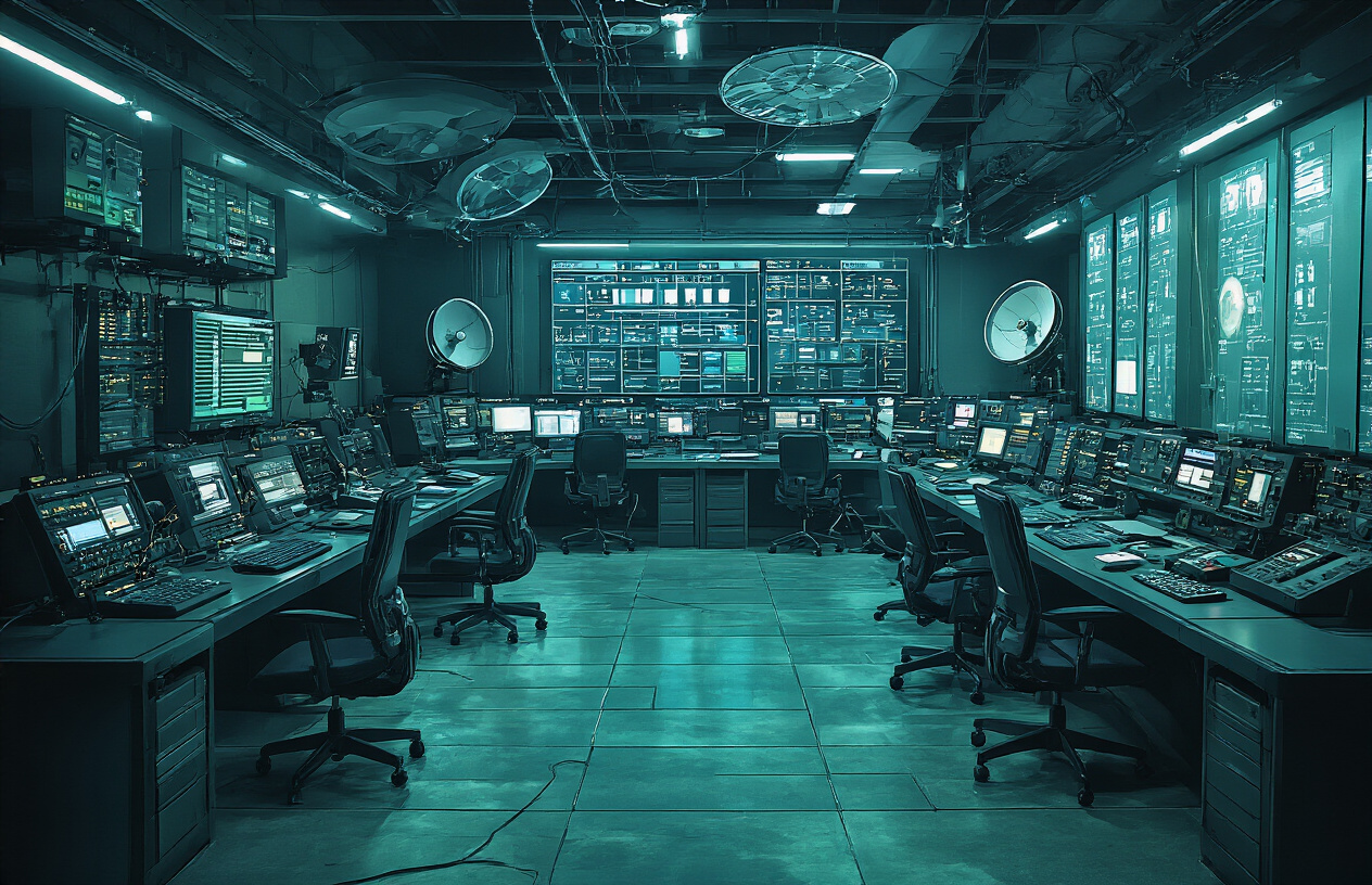 Create a realistic image of a high-tech military command center featuring interconnected defense communication equipment including satellite dishes, secure radio systems, fiber optic cables, encrypted communication terminals, and network servers arranged in a strategic layout, with soft blue and green LED lighting illuminating the sophisticated technology, set against a dark professional background in a secure facility environment, emphasizing the critical infrastructure components that ensure reliable military communications, absolutely NO text should be in the scene.