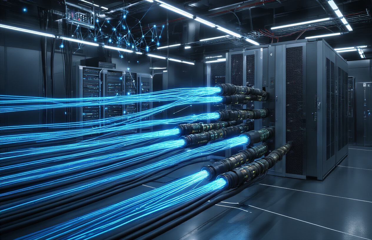 Create a realistic image of advanced fiber optic cables with glowing blue light streams running through them, connected to modern military-grade communication equipment and servers in a high-tech data center, featuring sleek metallic infrastructure with holographic network topology displays floating above the equipment, set against a dark background with strategic LED lighting creating a futuristic atmosphere, emphasizing the robust and sophisticated nature of next-generation defense communication systems, with visible cable management systems and redundant network pathways, absolutely NO text should be in the scene.