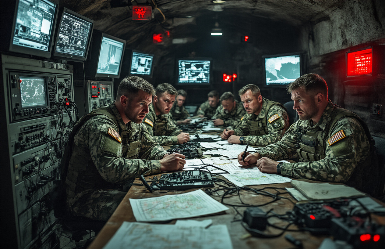 Create a realistic image of a tense military command center during a communication breakdown, showing multiple white and black male soldiers in camouflage uniforms looking frustrated and concerned as they work at communication equipment with static-filled radio displays and dead monitors, with red warning lights illuminating the scene, scattered papers and maps on tables, disconnected cables and damaged radio equipment in the foreground, creating a mood of urgency and failure in a dimly lit underground bunker setting, absolutely NO text should be in the scene.