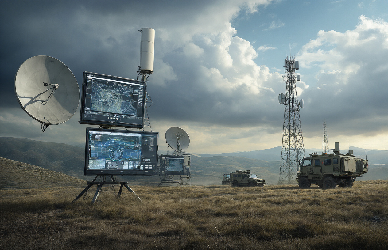 Create a realistic image of advanced military communication equipment including satellite dishes, radio towers, and high-tech mobile command units deployed in a battlefield setting, with sophisticated electronic displays showing digital maps and communication networks, military vehicles equipped with cutting-edge antenna arrays and communication systems, set against a modern warfare landscape with rolling terrain under dramatic cloudy skies, emphasizing the technological advancement and complexity of modern battlefield communication infrastructure, absolutely NO text should be in the scene.