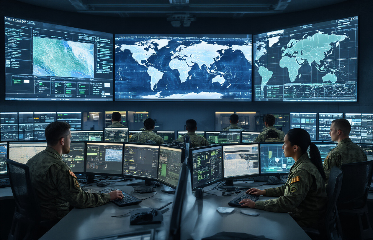Create a realistic image of a modern military command center with multiple large screens displaying real-time battlefield maps, satellite imagery, and communication networks, featuring a diverse group of military personnel including white male and black female officers analyzing data at high-tech workstations, with glowing blue and green digital displays casting dramatic lighting across their focused faces, set against a backdrop of sophisticated communication equipment and data servers, creating an atmosphere of urgent strategic coordination and technological precision, absolutely NO text should be in the scene.