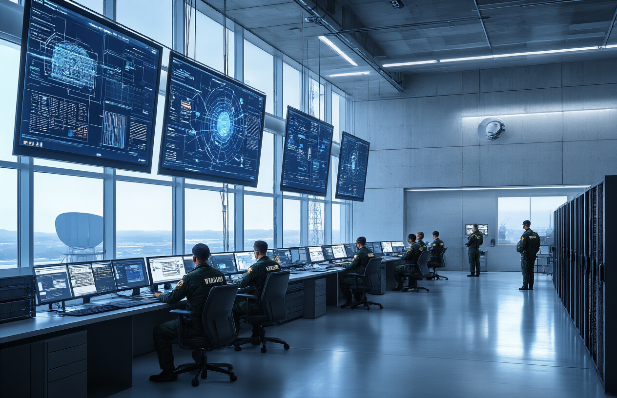 Create a realistic image of a high-tech military command center with multiple large wall-mounted screens displaying network diagrams and communication systems, rows of sophisticated computer workstations with glowing monitors, fiber optic cables and server racks visible along the walls, satellite dishes and communication towers seen through large windows in the background, ambient blue and white lighting creating a professional atmosphere, white male and black female military personnel in uniform monitoring the systems, modern concrete and steel architecture with clean lines, absolutely NO text should be in the scene.