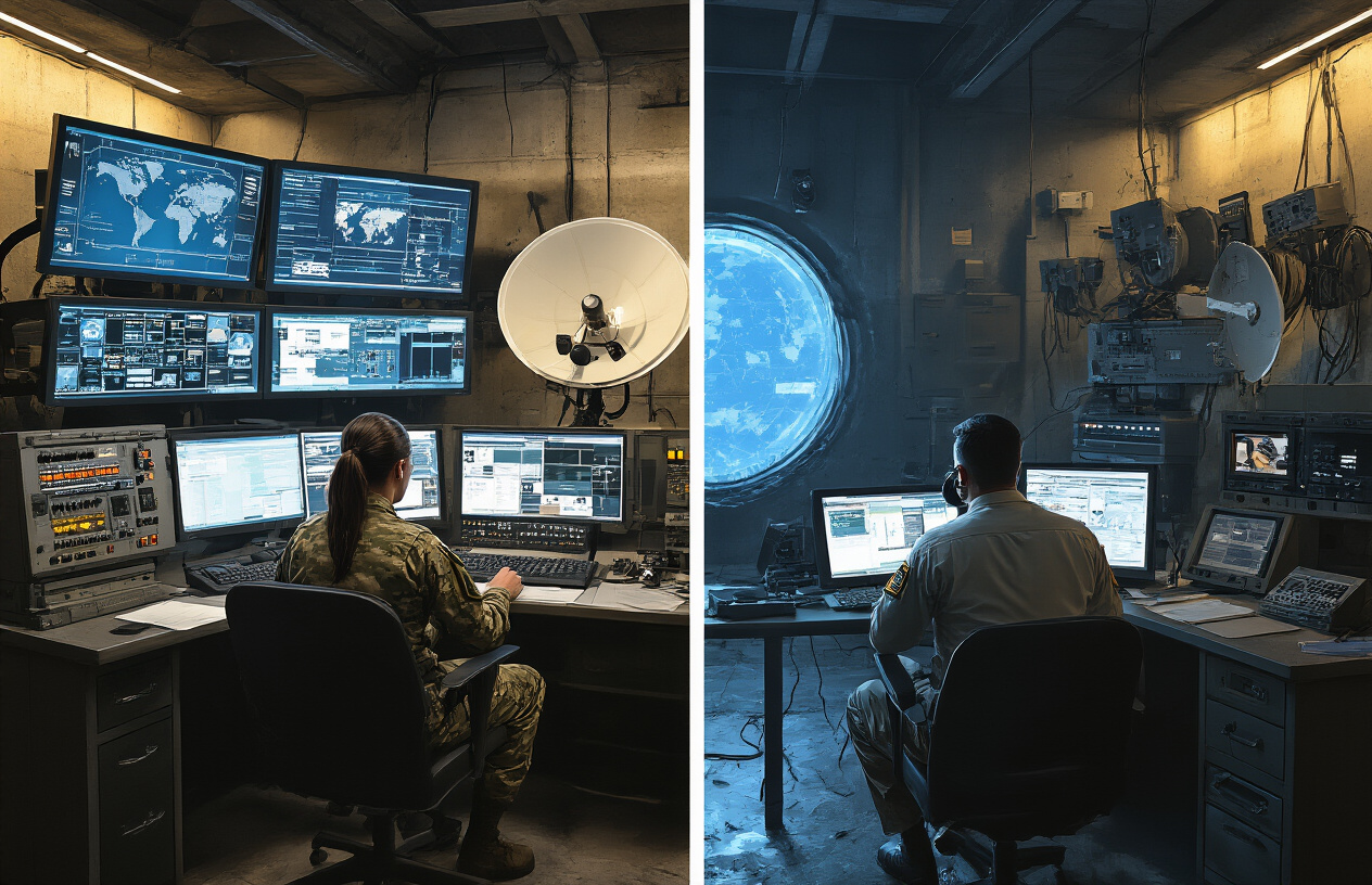 Create a realistic image of a split-screen composition showing two contrasting military command centers during wartime, one side displaying a modern high-tech communication hub with multiple screens, satellite dishes, and advanced radio equipment with white male and black female military officers coordinating operations, while the other side shows an outdated communication setup with basic radio equipment and a white male officer struggling with poor connectivity, dramatic lighting emphasizing the technological disparity, dark military bunker atmosphere with blue screen glows from the modern side contrasting with dim yellow lighting on the outdated side, absolutely NO text should be in the scene.