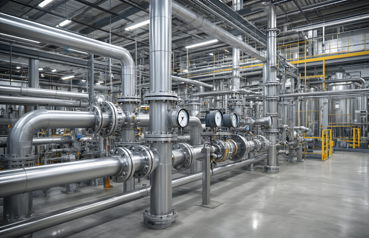 Create a realistic image of industrial flow control equipment including large metal pipes with various valves, pressure gauges, and control systems in a modern petrochemical facility, with stainless steel piping running horizontally and vertically through the frame, multiple ball valves and gate valves visible along the pipeline system, digital pressure monitors and flow meters mounted on the pipes, industrial concrete flooring, bright fluorescent lighting from above creating clear shadows, clean and well-maintained equipment suggesting safety protocols, background showing additional industrial infrastructure and storage tanks slightly out of focus, professional industrial environment with safety railings and walkways, absolutely NO text should be in the scene.