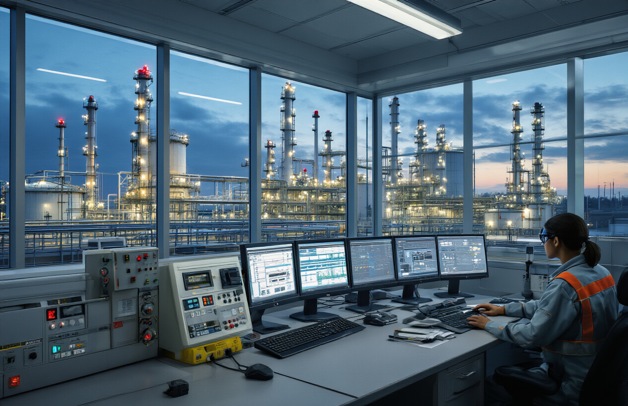 Create a realistic image of a modern industrial control room with multiple computer monitors displaying flow control systems diagrams, safety alert indicators, and real-time monitoring data, featuring a white male engineer in safety gear examining control panels while a black female technician operates monitoring equipment, with large windows showing an oil refinery with storage tanks and processing units in the background, professional industrial lighting, clean and organized workspace atmosphere, emergency safety equipment visible including gas detectors and alarm systems, absolutely NO text should be in the scene.