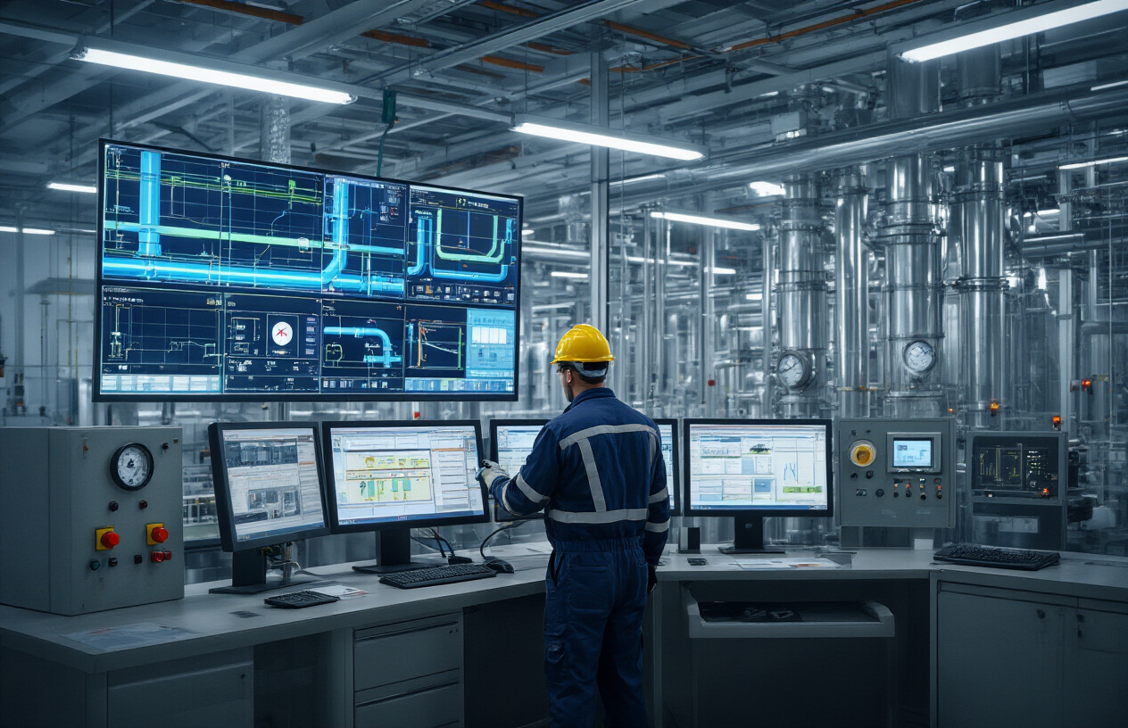 Create a realistic image of a modern petrochemical facility control room with advanced digital flow monitoring systems, featuring multiple large screens displaying real-time pipeline flow data and safety parameters, industrial control panels with gauges and switches, a white male engineer in safety gear monitoring the systems, stainless steel piping visible through large windows in the background, bright fluorescent lighting creating a professional technical atmosphere, emphasizing precision and safety in industrial operations, absolutely NO text should be in the scene.