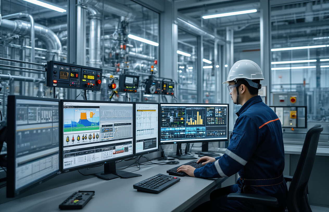 Create a realistic image of a modern industrial control room with multiple large monitors displaying flow control system diagrams and data analytics, featuring sophisticated control panels with gauges, switches, and digital displays, an Asian male engineer in safety gear analyzing risk assessment charts on a computer screen, industrial piping systems with automated valves and sensors visible through large windows in the background, emergency shutdown controls prominently displayed, warning lights and safety equipment mounted on walls, clean industrial lighting with a professional atmosphere emphasizing safety and precision, absolutely NO text should be in the scene.