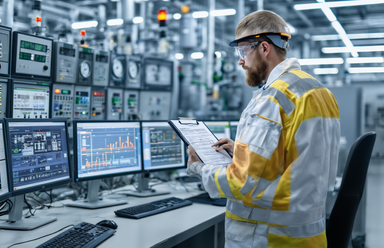Create a realistic image of a modern industrial control room with multiple computer monitors displaying digital flow control system dashboards and compliance charts, featuring a white male engineer in safety gear reviewing regulatory documentation on a clipboard while standing next to sophisticated control panels with pressure gauges and flow meters, set against a clean professional background with proper industrial lighting, conveying a sense of precision and regulatory adherence in a petrochemical facility environment, absolutely NO text should be in the scene.