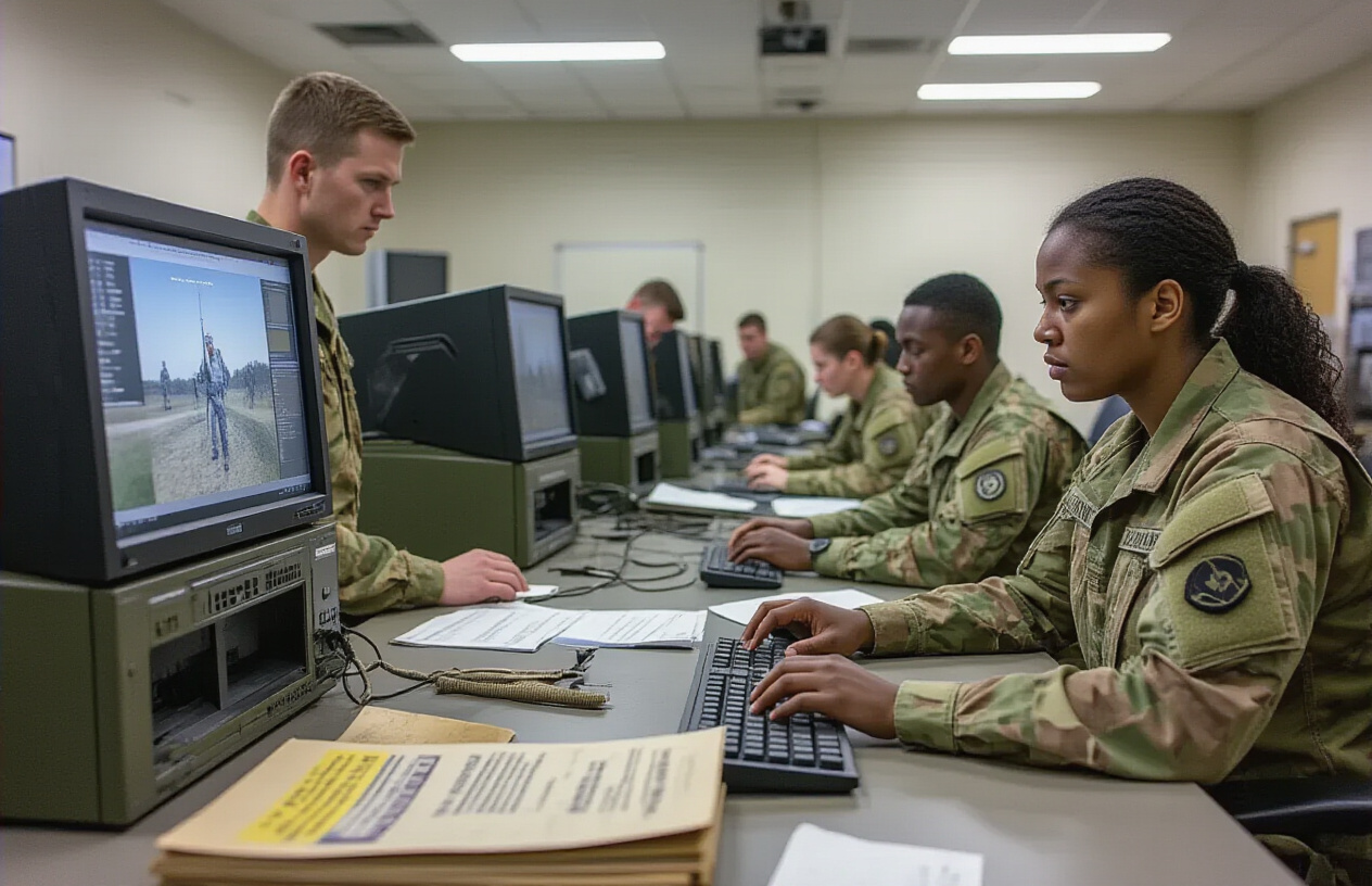 Create a realistic image of a modern military training facility showing various training challenges including outdated computer equipment with old monitors and keyboards, worn training materials scattered on tables, a diverse group of military personnel including white male and black female trainees looking frustrated while working with malfunctioning simulator equipment, insufficient training resources with empty shelves, poor lighting conditions in the training room, and visible signs of equipment wear and tear, set against a backdrop of a defense training center with institutional lighting. Absolutely NO text should be in the scene.