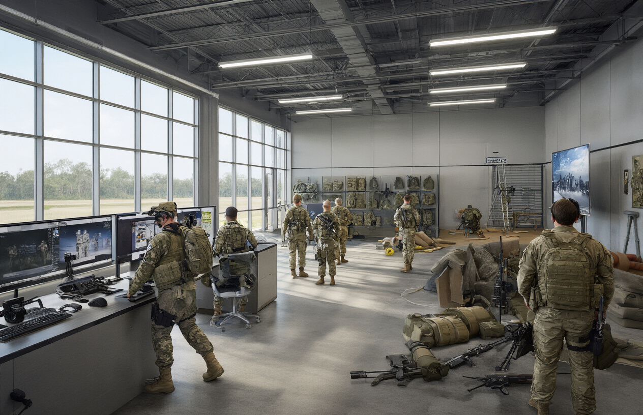 Create a realistic image of a modern defense training facility showing multiple essential training components including a tactical simulation room with advanced computer workstations, military equipment displays featuring helmets and protective gear, a physical training area with obstacle course elements, and a briefing room with presentation screens, all under bright professional lighting with clean industrial architecture, featuring diverse military personnel including white male and black female instructors observing training activities, absolutely NO text should be in the scene.