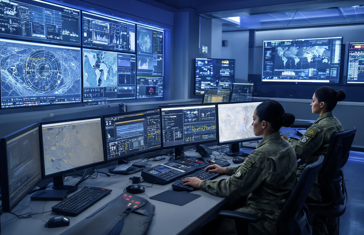 Create a realistic image of a modern military command center with advanced technological equipment including multiple large digital displays showing tactical maps and data analytics, sleek computer workstations with multiple monitors, sophisticated communication devices, and high-tech control panels with glowing indicators, featuring diverse military personnel including a white male officer and a black female technician working collaboratively at the equipment, set against a dimly lit professional environment with blue ambient lighting from the screens creating a focused technological atmosphere, showing active integration of cutting-edge military technology systems, absolutely NO text should be in the scene.