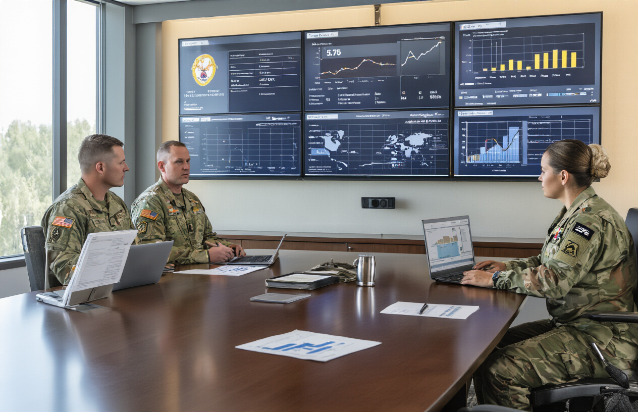 Create a realistic image of a modern military training facility conference room with diverse defense personnel including white male and black female officers in military uniforms reviewing training analytics on large wall-mounted digital displays showing charts, graphs, and performance metrics, with laptops and documents on a polished conference table, professional lighting, clean contemporary interior design with subtle military emblems, focused atmosphere of data analysis and assessment, absolutely NO text should be in the scene.