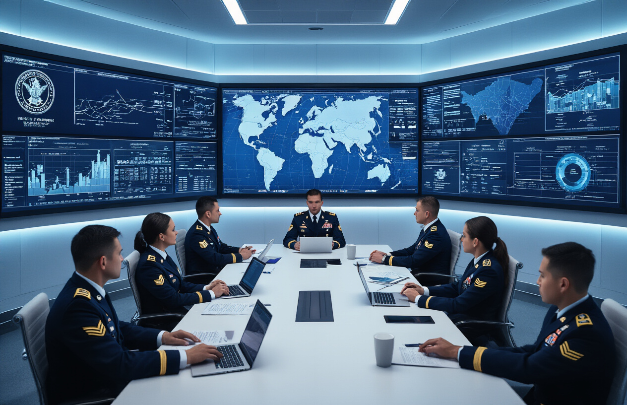 Create a realistic image of a modern military command center with multiple large wall-mounted digital displays showing strategic diagrams, organizational charts, and tactical maps, with several white and black male and female military officers in professional uniforms seated at sleek workstations with laptops and tablets, discussing implementation strategies around a central conference table with documents and strategic planning materials, set in a high-tech environment with blue ambient lighting and clean architectural lines, conveying a professional and focused atmosphere of strategic military planning and coordination, absolutely NO text should be in the scene.