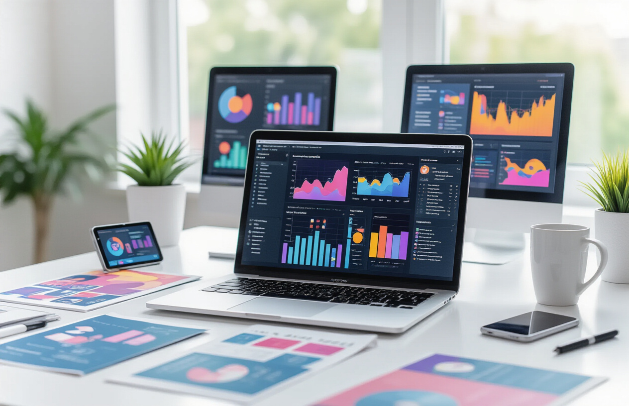 Create a realistic image of a modern digital workspace featuring a sleek laptop displaying colorful social media analytics dashboards and content creation interfaces, surrounded by creative marketing materials like vibrant graphic designs, video thumbnails, and infographic layouts scattered across a clean white desk, with a smartphone showing engagement metrics, a coffee cup, and stylus pen nearby, set against a bright, minimalist office background with soft natural lighting streaming through a window, conveying productivity and innovation in digital marketing, absolutely NO text should be in the scene.