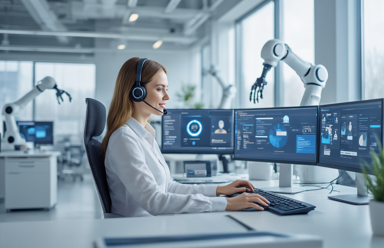 Create a realistic image of a modern customer service office with a white female customer service representative wearing a headset sitting at a sleek workstation with multiple monitors displaying AI chatbot interfaces and customer data dashboards, robotic arms or AI-powered devices visible in the background assisting with tasks, clean contemporary office environment with soft natural lighting from large windows, professional atmosphere with blue and white color scheme suggesting technology and efficiency, the representative appears engaged and helpful while interacting with AI systems, absolutely NO text should be in the scene.