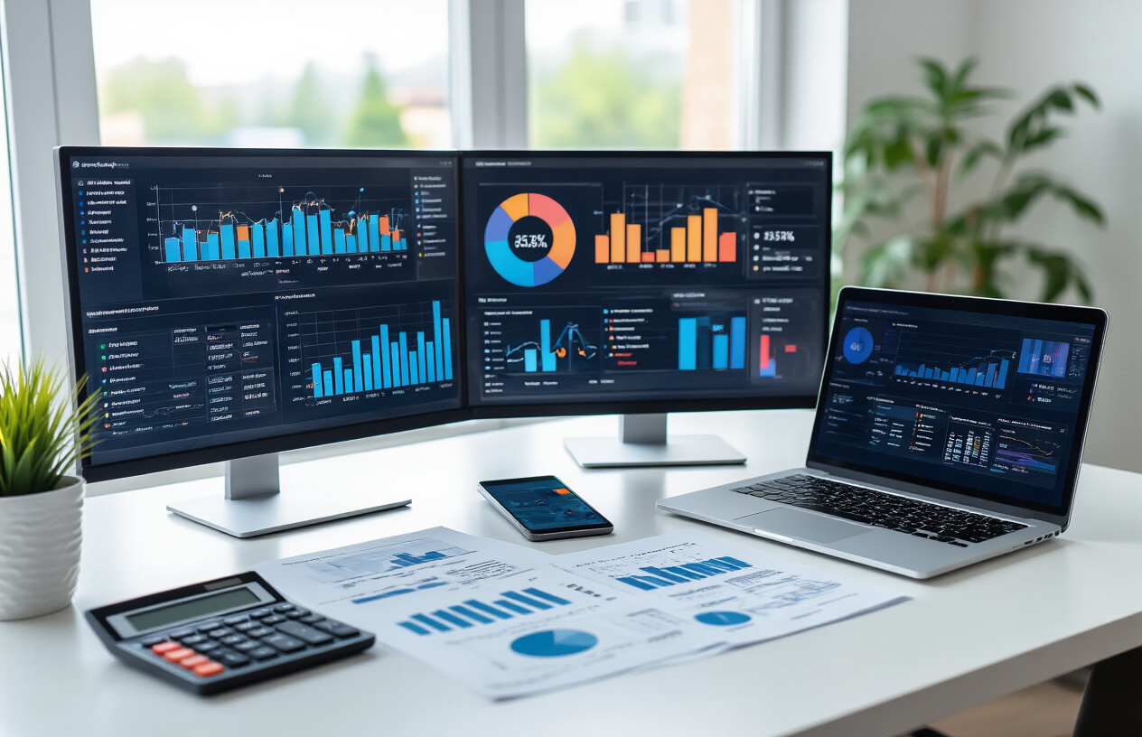 Create a realistic image of a modern office setting with multiple computer monitors displaying colorful data visualizations, charts, and graphs, a sleek laptop showing dashboard analytics with pie charts and bar graphs, scattered business documents with statistical data, a calculator, and a smartphone displaying business metrics, all arranged on a clean white desk with soft natural lighting from a window, creating a professional and tech-savvy atmosphere that represents business intelligence and data analysis, absolutely NO text should be in the scene.