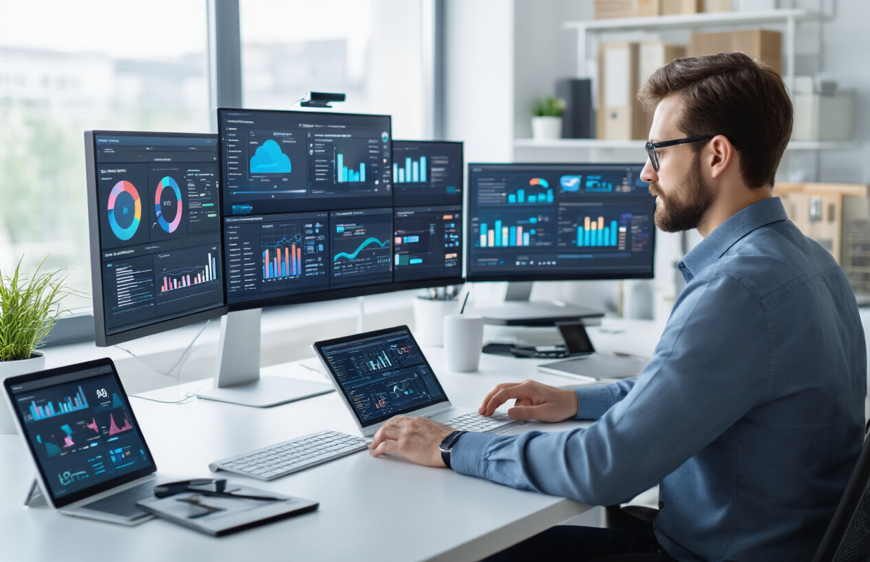 Create a realistic image of a modern office workspace showing productivity optimization in action, featuring a sleek desk with multiple monitors displaying colorful workflow dashboards and automation interfaces, a white male professional in business casual attire analyzing data on one screen while AI-powered task management tools are visible on other displays, surrounded by organized office supplies, a tablet showing process flowcharts, and subtle lighting from a large window creating a bright, efficient atmosphere that conveys technological advancement and streamlined business operations, absolutely NO text should be in the scene.