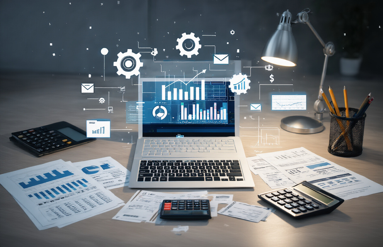 Create a realistic image of a modern office desk with a laptop computer displaying financial charts and graphs on the screen, surrounded by accounting documents, calculator, and scattered receipts, with AI automation symbols like gear icons and digital data streams floating above the workspace, professional lighting illuminating the scene from above, clean organized workspace suggesting efficiency and technological advancement, absolutely NO text should be in the scene.