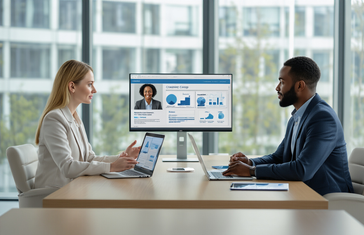 Create a realistic image of a modern office conference room with diverse professionals including a white female HR manager and a black male candidate sitting across from each other at a sleek table during an interview, with laptops and digital tablets displaying candidate profiles and assessment dashboards, soft natural lighting from large windows, contemporary furniture, and a clean professional atmosphere that conveys efficiency and technological advancement in recruitment processes, absolutely NO text should be in the scene.
