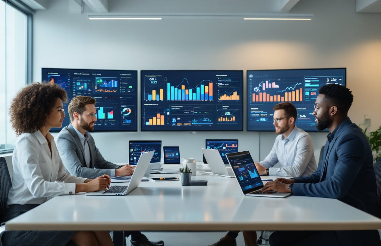 Create a realistic image of a modern business office setting with a diverse team of professionals - including a white female and black male - working collaboratively around a sleek conference table with laptops, tablets, and smartphones displaying colorful charts, graphs, and analytics dashboards, with digital screens on the walls showing sales funnels, lead conversion metrics, and customer data visualizations, featuring warm professional lighting that creates an innovative and productive atmosphere, with AI-powered automation symbols subtly integrated into the tech displays, absolutely NO text should be in the scene.