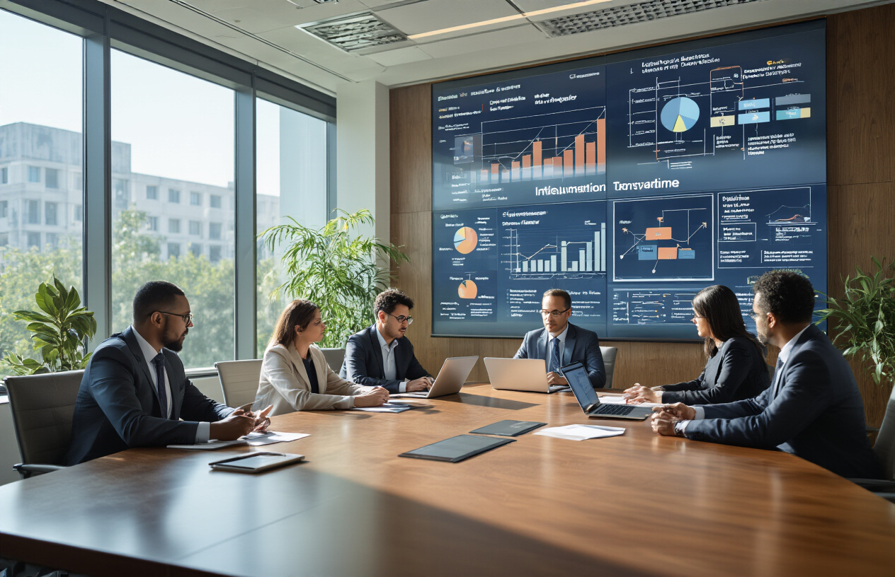Create a realistic image of a modern corporate boardroom with a large conference table surrounded by diverse business professionals including white, black, and Hispanic men and women in professional attire engaged in strategic planning, with laptops, tablets, and documents on the table, digital displays on the walls showing flowcharts and implementation timelines, bright natural lighting from large windows, conveying a focused and collaborative atmosphere of business transformation and strategic decision-making, absolutely NO text should be in the scene.